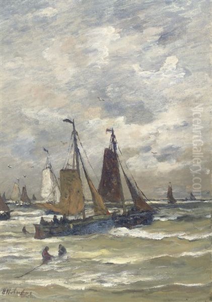 "bomschuiten" In The Surf Oil Painting by Hendrik Willem Mesdag