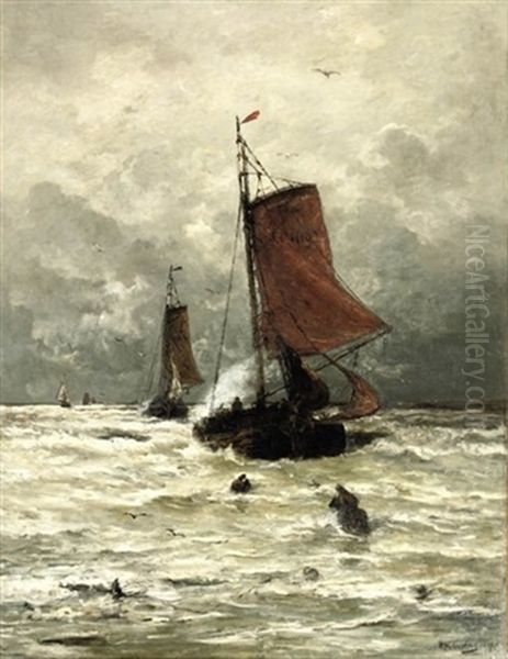 In Danger - Scheveninger Bomschuiten In The Surf Oil Painting by Hendrik Willem Mesdag