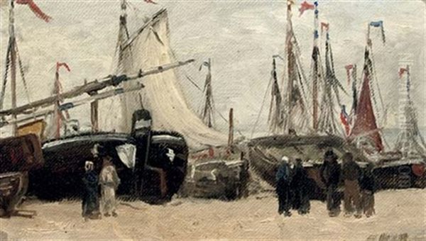 Bommen Op Het Strand - On The Beach Oil Painting by Hendrik Willem Mesdag