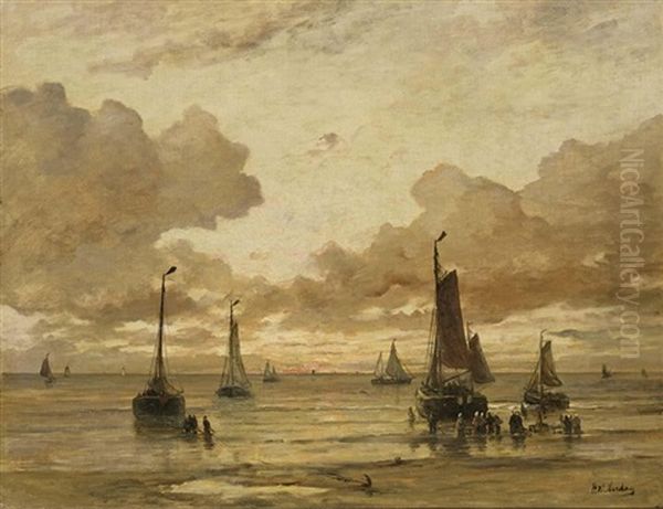 Fishing Boats Near The Shore Oil Painting by Hendrik Willem Mesdag