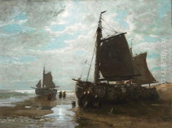 Unloading The Catch At Dusk Oil Painting by Hendrik Willem Mesdag