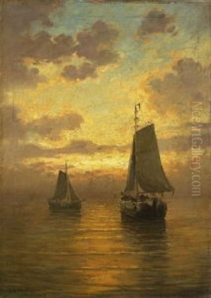 Zwei Fischerboote In Der Abenddammerung Oil Painting by Hendrik Willem Mesdag