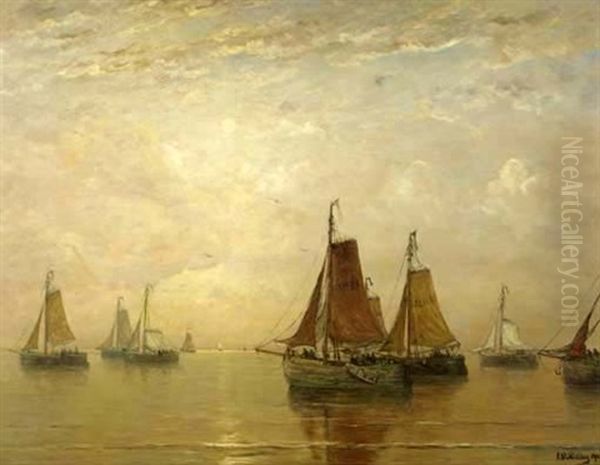 Vroege Morgen: Bomschuiten On A Calm Sea Oil Painting by Hendrik Willem Mesdag