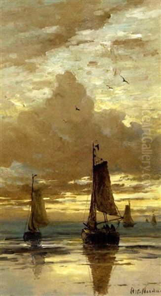 Bomschuiten In The Surf At Dusk Oil Painting by Hendrik Willem Mesdag