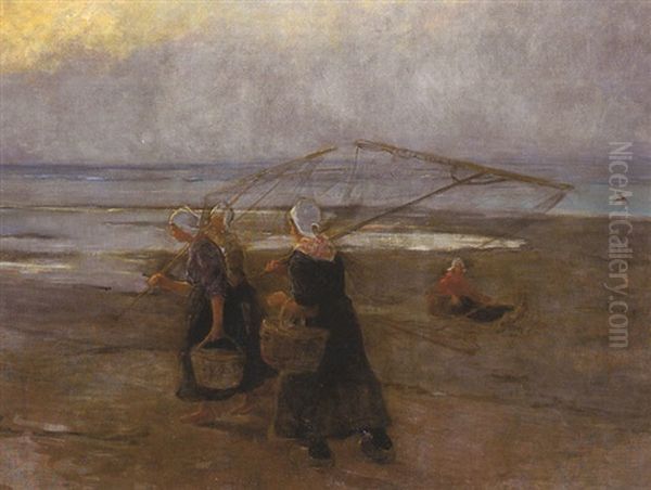 Les Pecheurs De Crevettes A Maree Basse Oil Painting by Hendrik Willem Mesdag