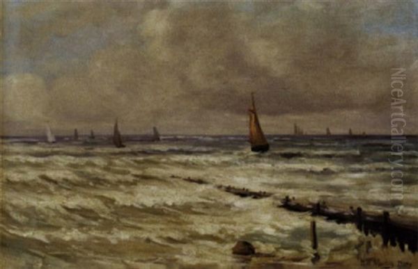 Marine Med Sejlskibe Ud For Kysten Oil Painting by Hendrik Willem Mesdag