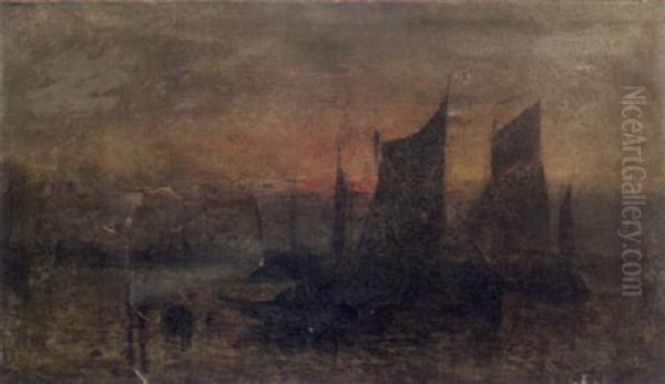 Ships At Sunset Oil Painting by Hendrik Willem Mesdag