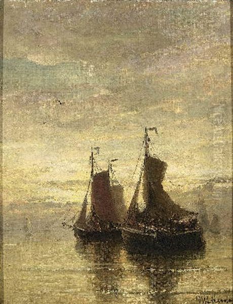 Anchored Fishing Boats At Dusk Oil Painting by Hendrik Willem Mesdag