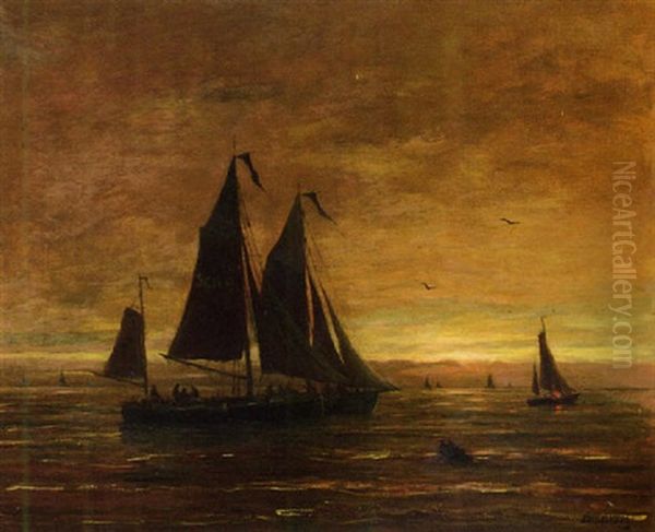 Boten Met Topzeilen Oil Painting by Hendrik Willem Mesdag