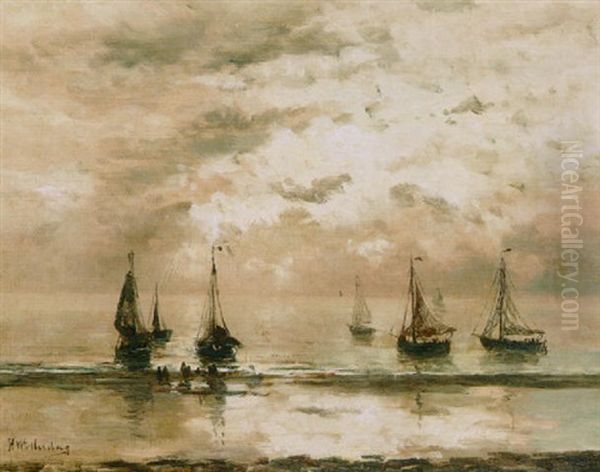 Bomschuiten At Anchor Oil Painting by Hendrik Willem Mesdag