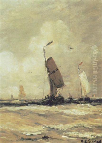 Fishing Boats On A Choppy Sea Oil Painting by Hendrik Willem Mesdag