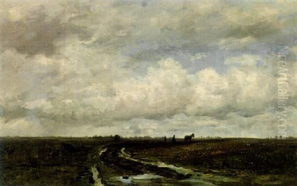 An Extensive Polderlandscape With A Farmer Ploughing Oil Painting by Hendrik Willem Mesdag