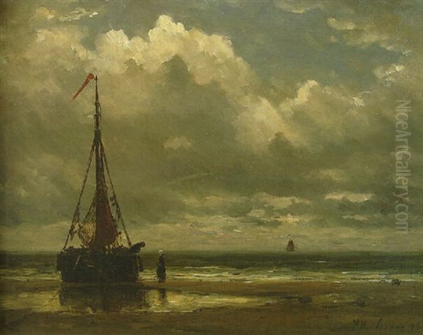 A Moored Bomschuit  On The Beach Oil Painting by Hendrik Willem Mesdag