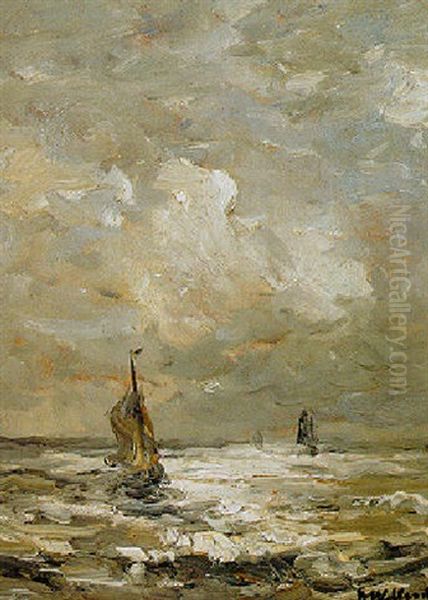 Sailing Vessels At Sea Oil Painting by Hendrik Willem Mesdag