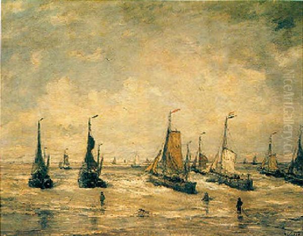 Anchoring The Fishing Boats At Scheveningen Beach Oil Painting by Hendrik Willem Mesdag