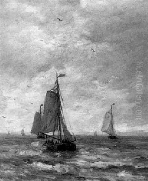 Sailing Vessels In Choppy Seas Oil Painting by Hendrik Willem Mesdag