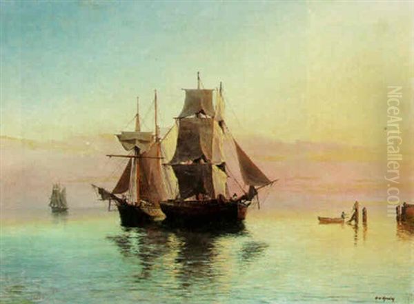 Seascape At Twilight With Schooners At Anchor Oil Painting by Hendrik Willem Mesdag