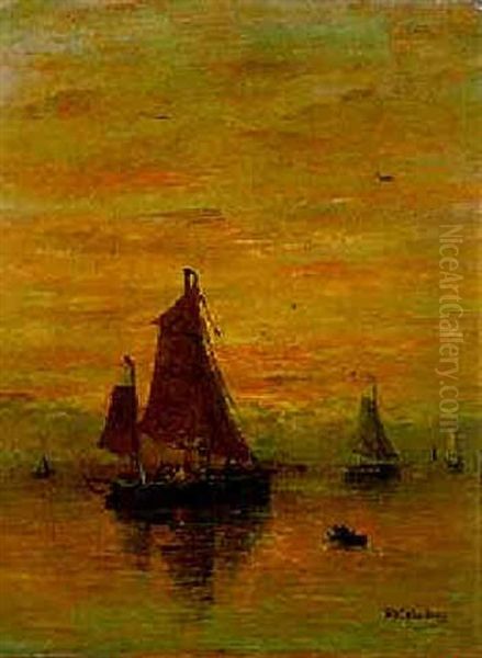 A Calm: Bomschuiten At  Sunset Oil Painting by Hendrik Willem Mesdag