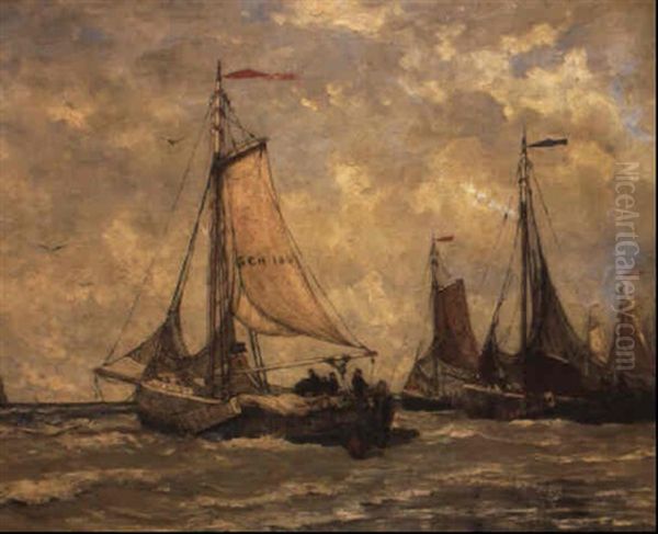 Visschersschuiten Voor Anker Oil Painting by Hendrik Willem Mesdag