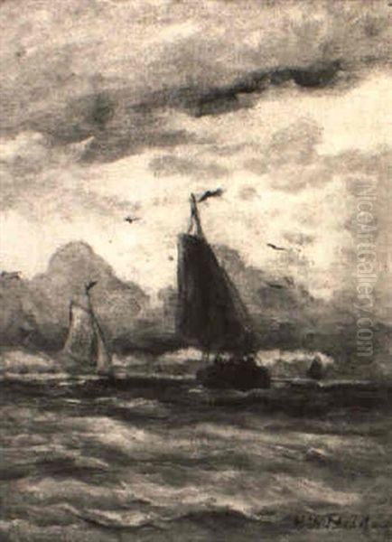 Sailing Vessels On A Choppy Sea Oil Painting by Hendrik Willem Mesdag