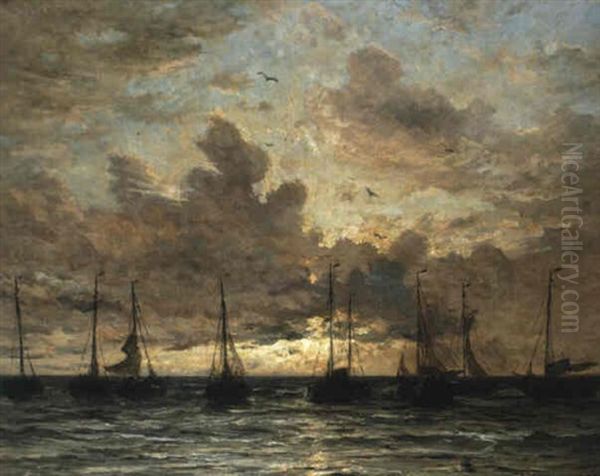 Sunset: Fishing Fleet At Anchor Oil Painting by Hendrik Willem Mesdag