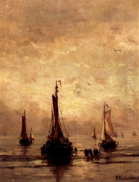 Fishingsmacks On The Beach At Sunset Oil Painting by Hendrik Willem Mesdag