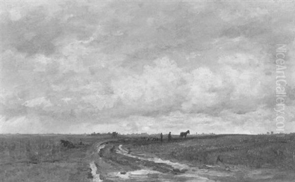 An Extensive Polderlandscape With A Farmer Ploughing Oil Painting by Hendrik Willem Mesdag