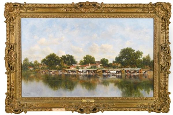 Les Lavoirs Sur L'erdre Oil Painting by Claude Francois Auguste Mesgrigny