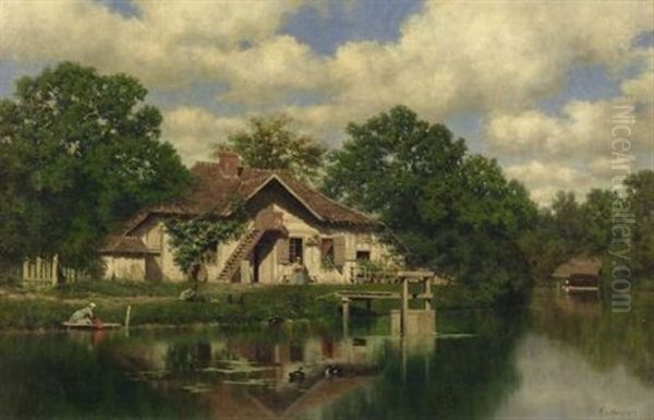 Laundry Day - A Cottage On The River Oil Painting by Claude Francois Auguste Mesgrigny