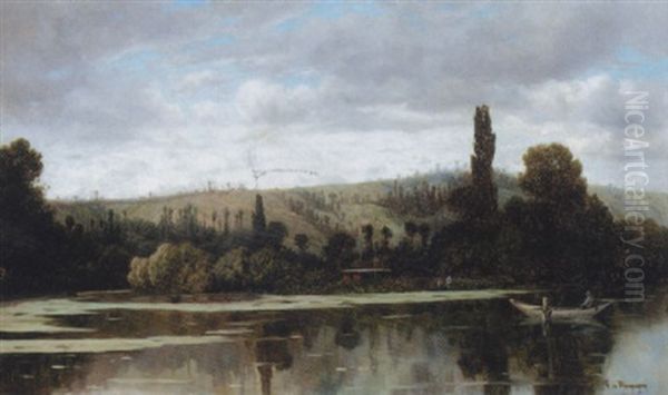 A Tranquil Lake Oil Painting by Claude Francois Auguste Mesgrigny