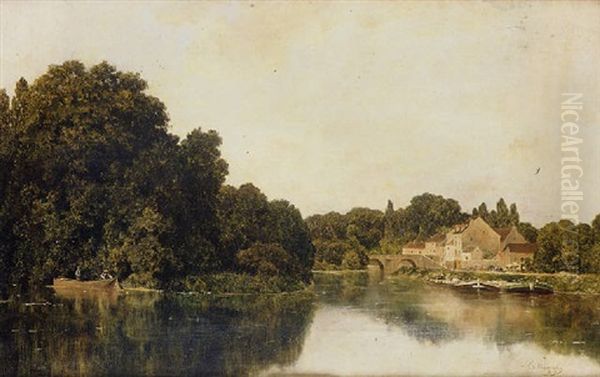 Paysage De Riviere Aux Pecheurs, Peniches Et Vue De Village Oil Painting by Claude Francois Auguste Mesgrigny