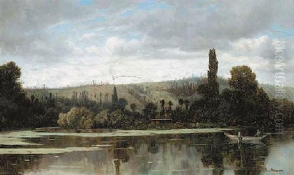 A Tranquil Lake Oil Painting by Claude Francois Auguste Mesgrigny