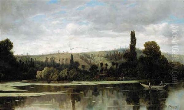 A Tranquil Lake Oil Painting by Claude Francois Auguste Mesgrigny