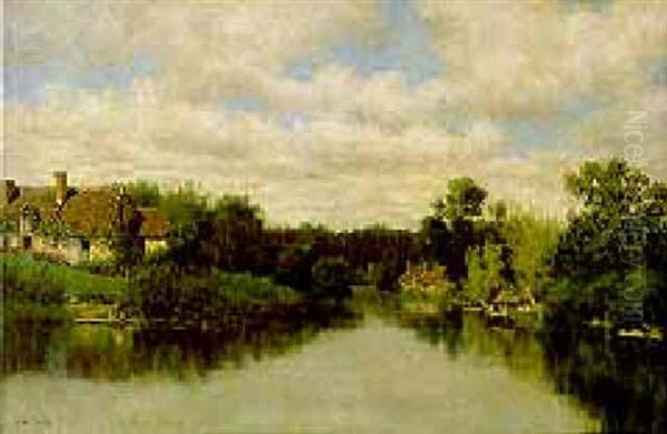 Washerwomen On The Banks Of A River Oil Painting by Claude Francois Auguste Mesgrigny