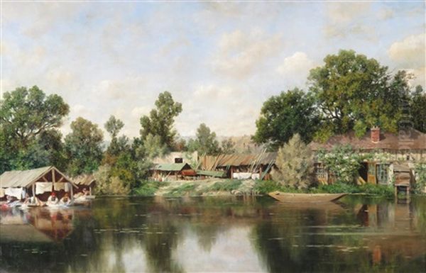 Washerwomen On A River, Possibly The Erdre Oil Painting by Claude-Francois-Auguste de Mesgriny