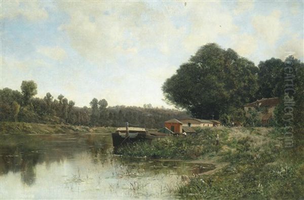 Au Bord De La Riviere Oil Painting by Claude-Francois-Auguste de Mesgriny