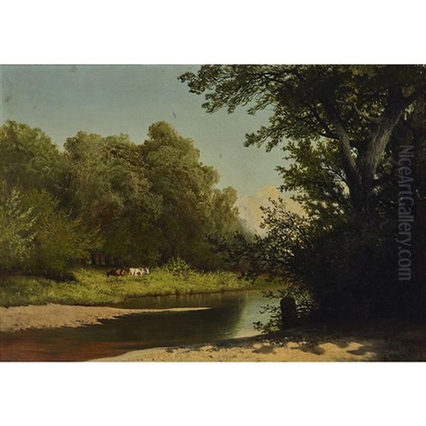 Landscape With Stream And Grazing Cattle Oil Painting by Arseniy Ivanovich Meshchersky