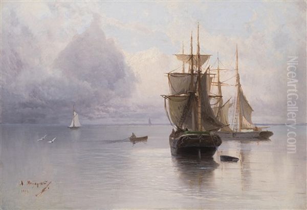 Ship At Sea Oil Painting by Arseniy Ivanovich Meshchersky