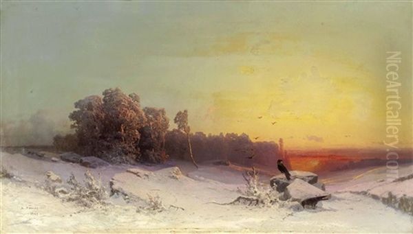 Abendrot Uber Weiter Russischer Winterlandschaft Mit Einem Raben Oil Painting by Arseniy Ivanovich Meshchersky