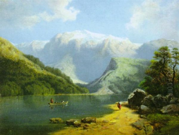 Fisherman On A Mountain Lake Oil Painting by Arseniy Ivanovich Meshchersky