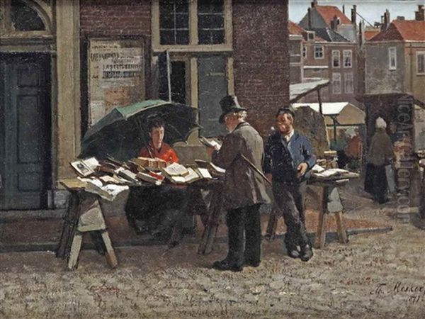 The Bookstall Of Jozef Blok On The Groote Markt In Front Of The Boterwaag, The Hague Oil Painting by Theodorus Ludovicus Mesker