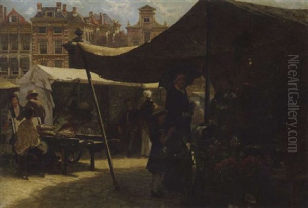 Buying Flowers On The Market On A Sunny Day Oil Painting by Theodorus Ludovicus Mesker