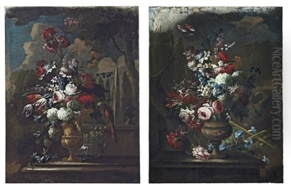 Roses, Tulips And Chrysanthemums In A Copper Urn (+ Roses, Tulips And Carnations On A Stone Ledge; Pair) Oil Painting by Guillermo Mesquida