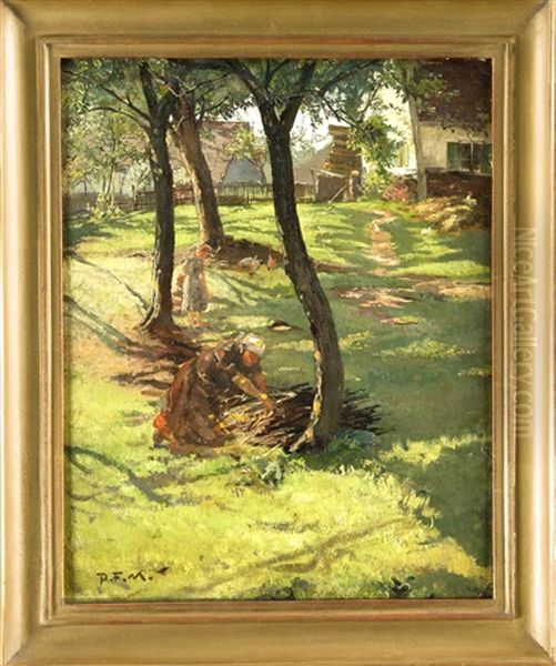 Sommerliche Gartenpartie Mit Reisigsammelnder Bauerin U. Spielenden Kindern Oil Painting by Pius Ferdinand Messerschmitt