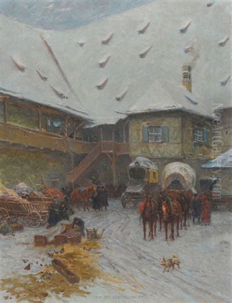 Winterlicher Innenhof Mit Kutschen Oil Painting by Pius Ferdinand Messerschmitt