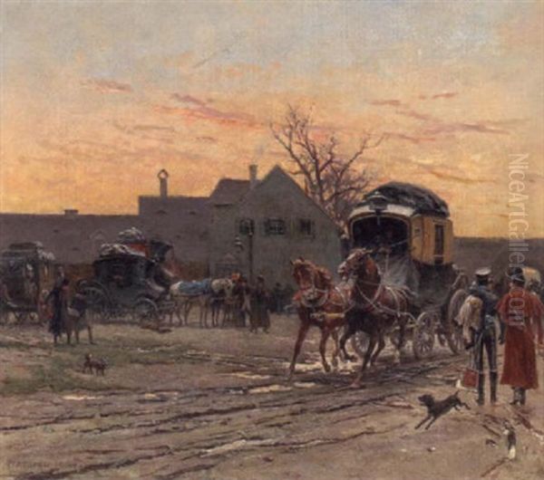 A Coach And Horses Leaving An Inn With Military Figures In The Foreground Oil Painting by Pius Ferdinand Messerschmitt