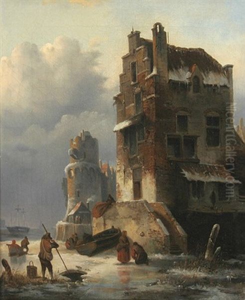 Hafeneinfahrt Mit Hohem Haus Im Winter by Carl Ludwig Ferdinand Messmann