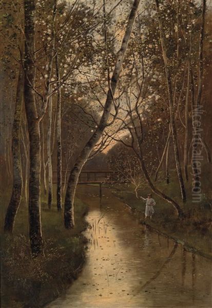 Waldlandschaft Mit Angler Am Flussufer Oil Painting by Kalman Mesterhazy