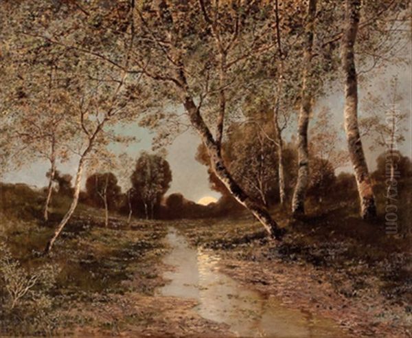 Sonnenuntergang In Von Birken Gesaumter Bachlandschaft Oil Painting by Kalman Mesterhazy