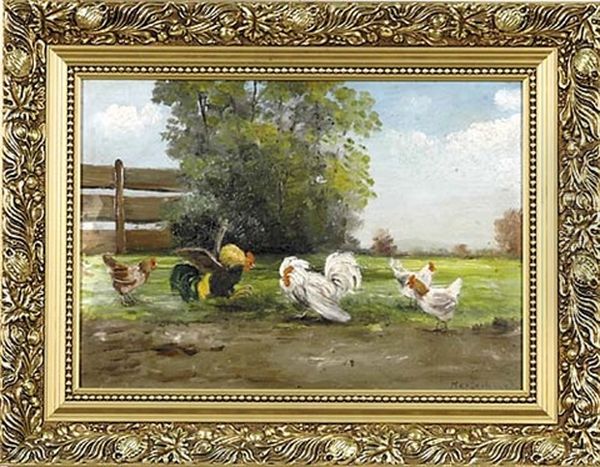 Barnyard Scene With Fighting Cocks Oil Painting by Kalman Mesterhazy